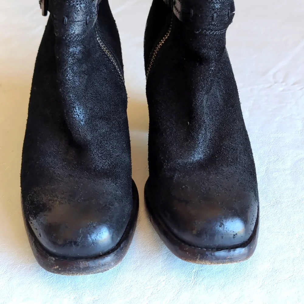 Pantanetti Heeled Buckled Distressed Black Leather Moto Booties Women's 38